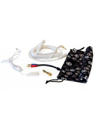 Included are a coiled DJ cable, thinner mobile cable, 1/4 inch adapter, and carrying bag